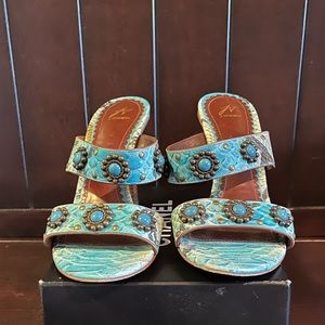 J Vincent Turquoise Grommets Leather Strap Heeled Sandal 8.5